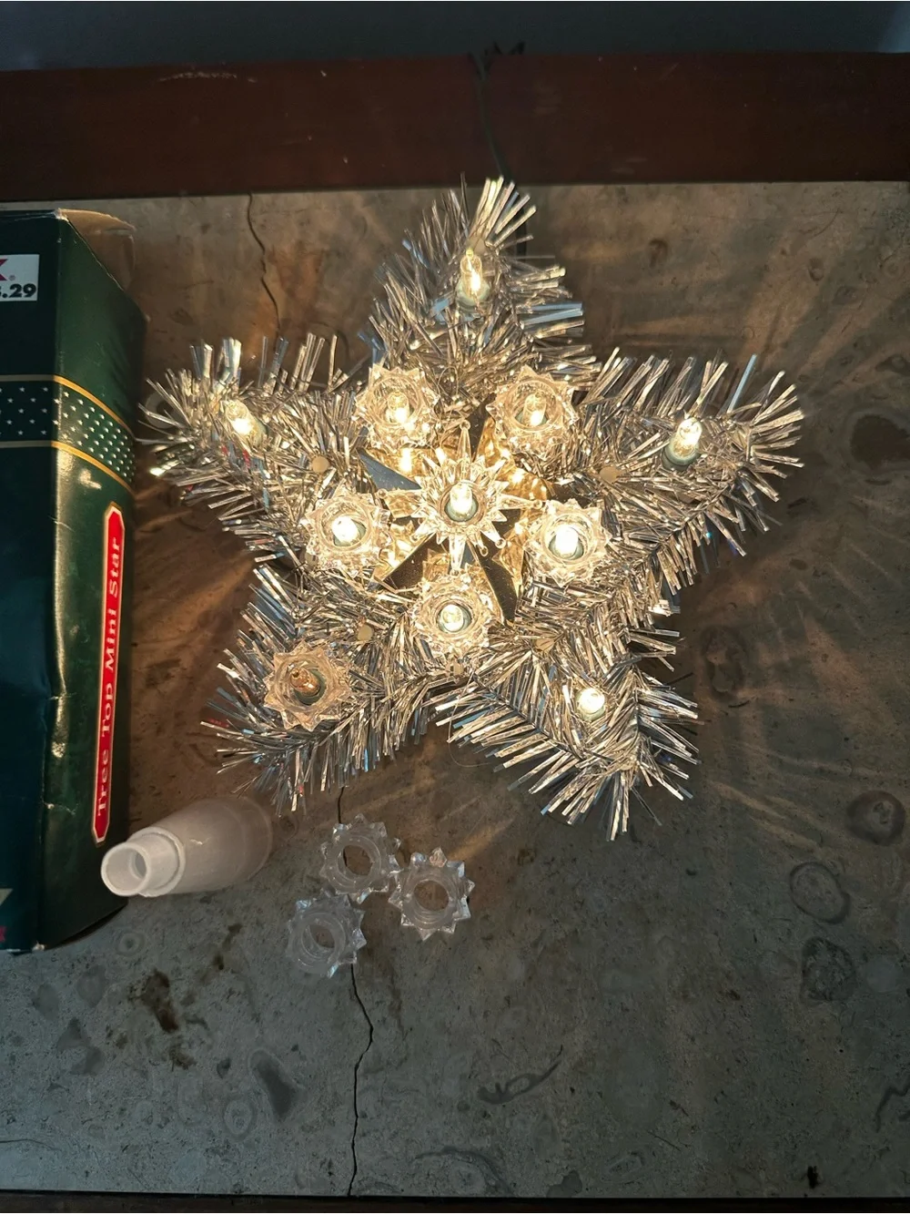 Silver Star Tree Top with Lights 6” With Box Works